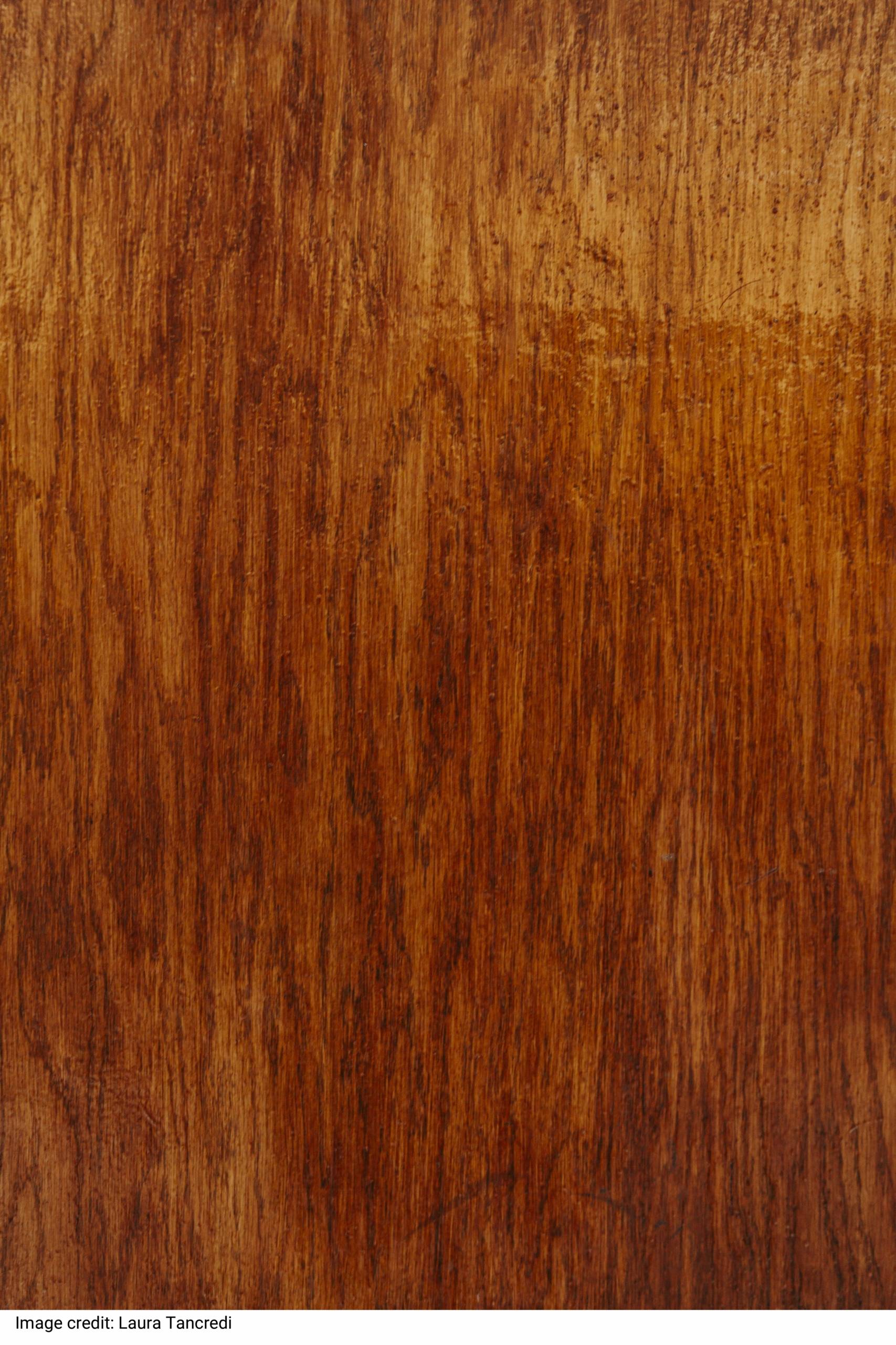 Backdrop of brown wooden wall with wavy lines and blots on varnished surface with dense texture